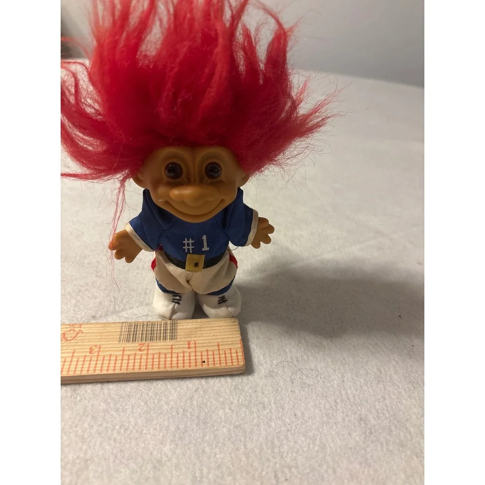 Vintage Troll Doll Red Hair Sports Uniform #1‎ Jersey Blue White 3 inch Figure